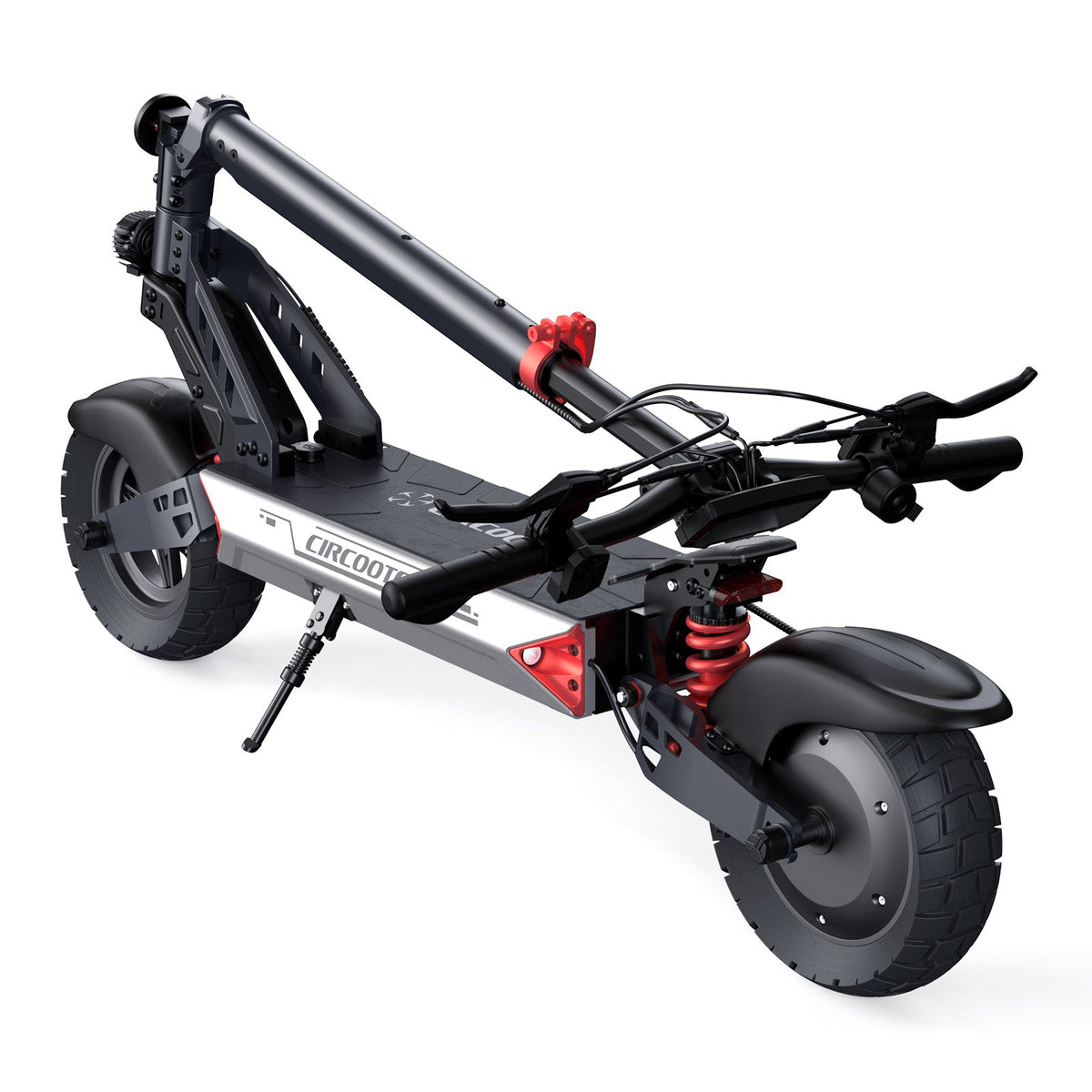 Circooter Landturbo off-road folding electric scooter with single-motor build (1000W or 1500W peak), 10-inch pneumatic all-terrain tires, dual swing-arm suspension, dual disc brakes with EABS electronic anti-lock, 6061 aluminum folding frame, color LCD display, IPX5 water resistance, and UL 2272 testing