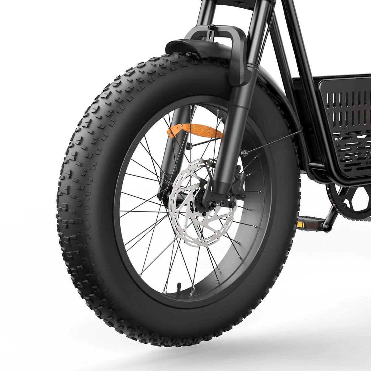 Underside three-quarter view of the R6 Pro showing the crank arm, the chain, the integrated center cargo basket, and the rear disc brake assembly