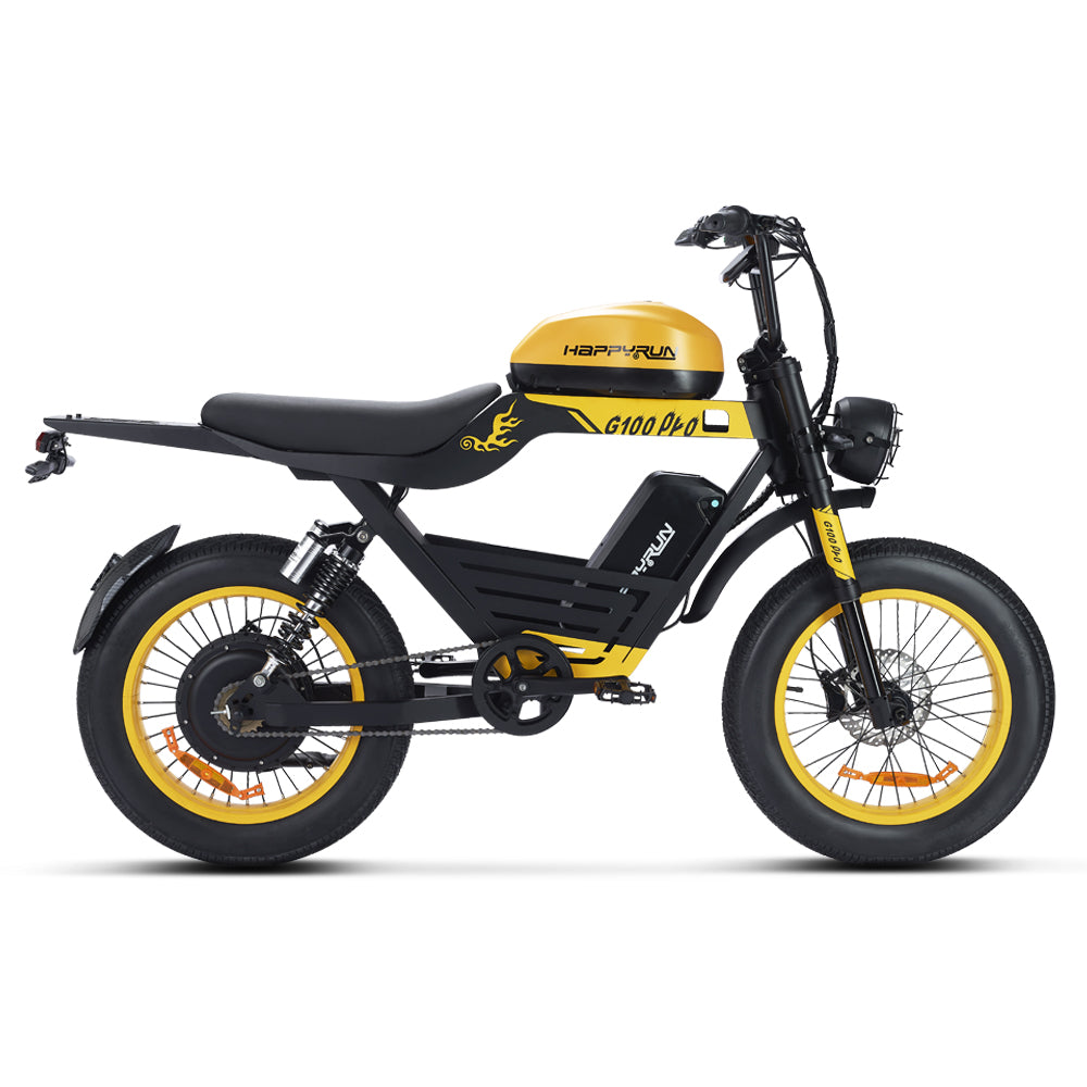 Side studio view of the yellow HappyRun G100 Pro Tank showing the matte black frame, yellow tank shell with HAPPYRUN G100 Pro graphics, long bench saddle, yellow wheel rims, and 20 by 4 inch road tires