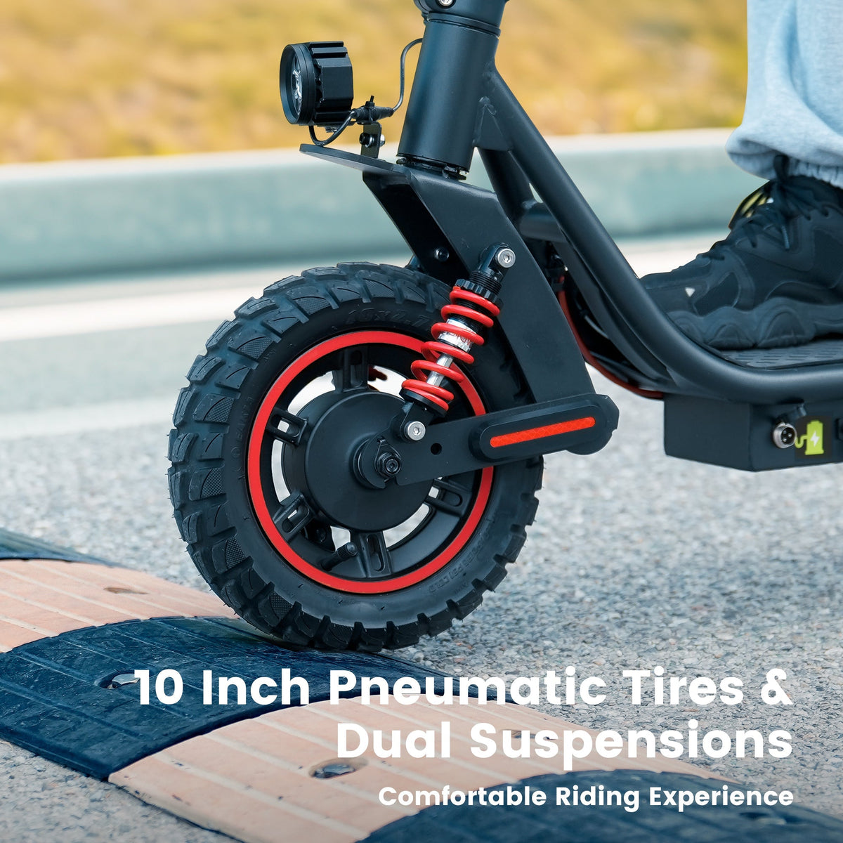 iScooter i10 Pro 800W folding commuter electric scooter: 48V peak 800W brushless rear-wheel-drive motor, 28 mph top speed, 720Wh battery, 10-inch pneumatic road tires, EBAS front plus double drum rear brakes, front and rear suspension, IP54, dedicated iScooter app, 53.9 lb folded