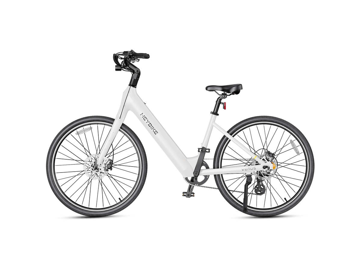 Heybike Venus lightweight step-thru cruiser electric bike: 750W Galaxy hub motor (1400W peak), 70 Nm torque, 28 mph Class 2/3 switchable, 27.5x2.2 Kenda road tires, aluminum-alloy low-step frame, Shimano Altus 8-speed, hydraulic discs, UL 2849 + UL 2271