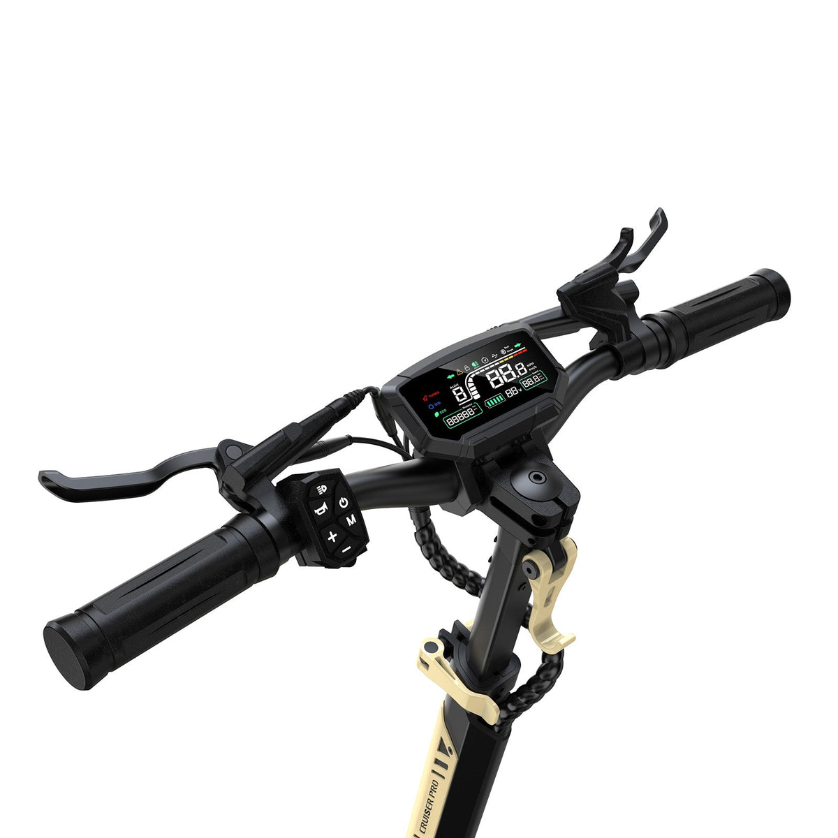Circooter Cruiser Pro 2400W dual-motor off-road electric scooter with 11-inch pneumatic off-road tires, dual hydraulic suspension front and rear, hydraulic disc brakes, extra-wide deck, UL 2272 certified electrical system, and a 38 mph top-speed claim