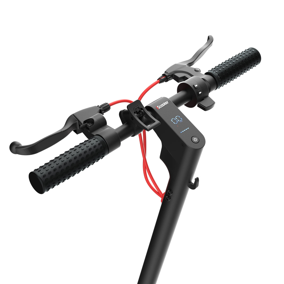 Close view of the iScooter W8 handlebar with foam grips, brake levers, bell, display, and red cables.