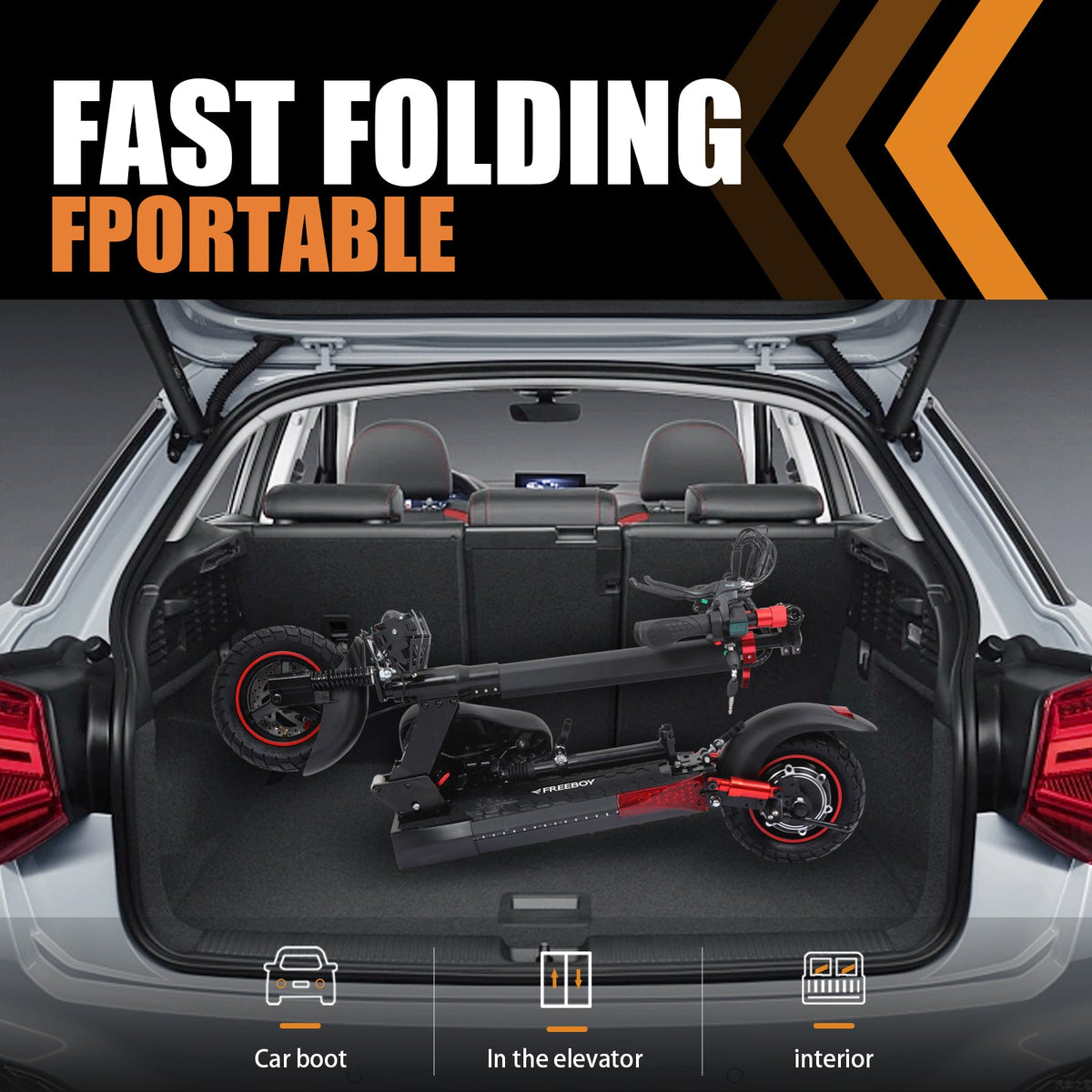 Freeboy J01 folded scooter shown in a car trunk graphic