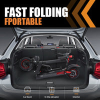 Freeboy J01 folded scooter shown in a car trunk graphic