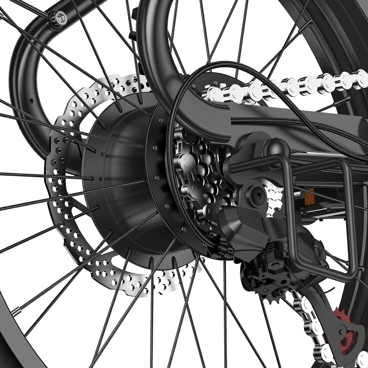 Padded brown saddle on the isinwheel U7 with the dual-coil suspension springs visible underneath
