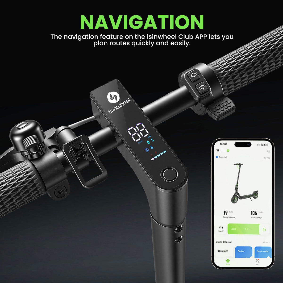 isinwheel S9 Pro navigation feature graphic showing the handlebar display, turn-signal switches, electronic bell, and the isinwheel Club app on a phone