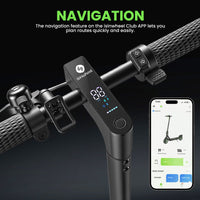 isinwheel S9 Pro navigation feature graphic showing the handlebar display, turn-signal switches, electronic bell, and the isinwheel Club app on a phone