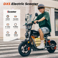 iScooter DX5 non-folding 15-inch tubeless-tire touring electric scooter: 1500W peak rear-wheel-drive motor, 35 mph top speed, 749Wh battery, front hydraulic shocks plus air-pressure rear suspension, hydraulic disc brakes plus E-ABS, turn lights, 101.2 lb net weight, 330 lb max load