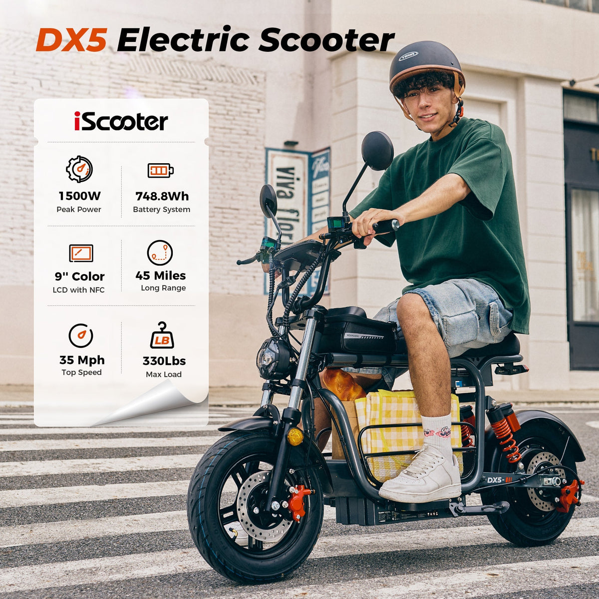 iScooter DX5 non-folding 15-inch tubeless-tire touring electric scooter: 1500W peak rear-wheel-drive motor, 35 mph top speed, 749Wh battery, front hydraulic shocks plus air-pressure rear suspension, hydraulic disc brakes plus E-ABS, turn lights, 101.2 lb net weight, 330 lb max load