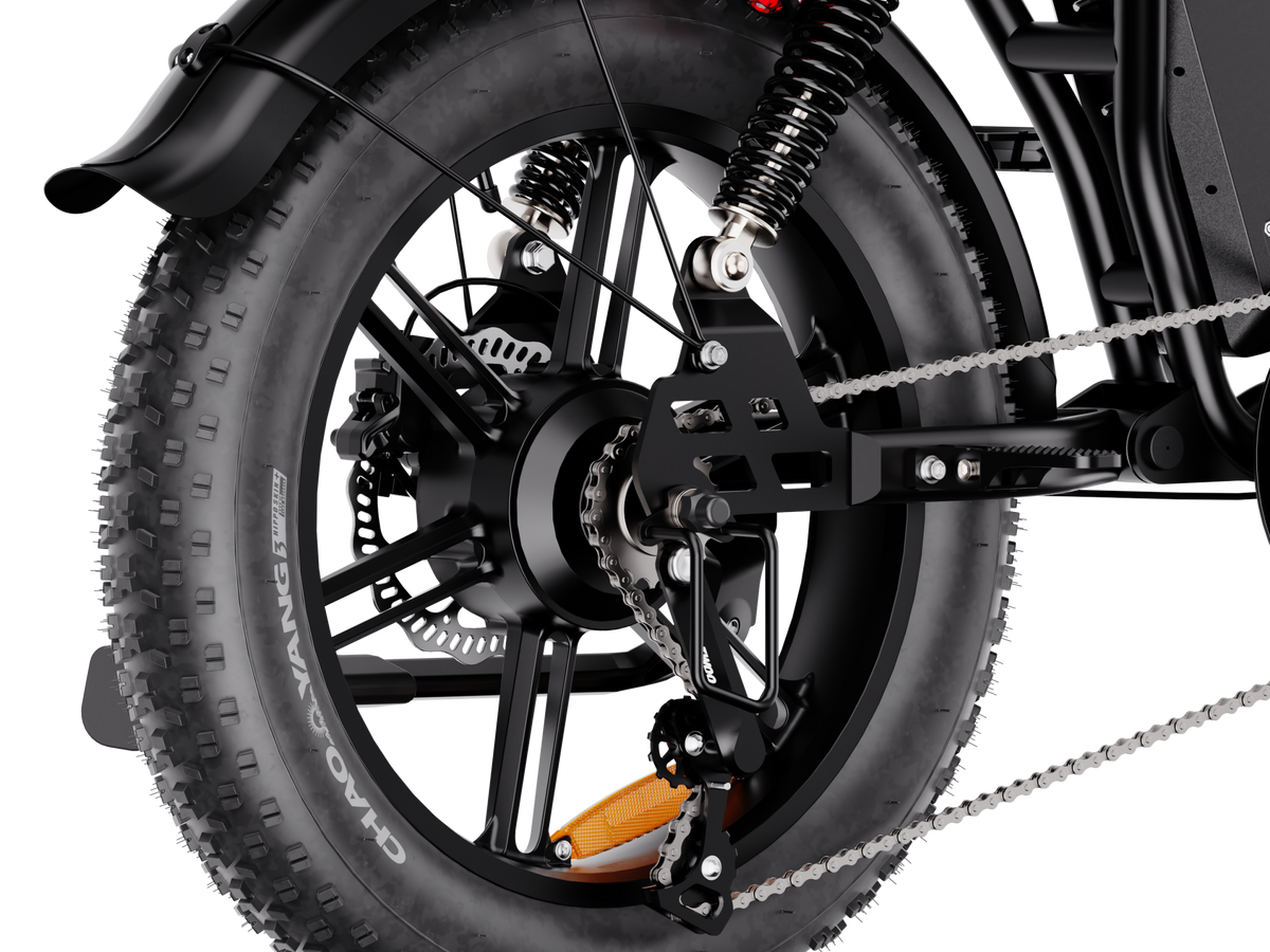 Heybike Saturn moped-style commuter e-bike: 52V 1000W continuous / 1800W peak hub motor, 95 Nm torque, single or dual-battery configuration, hydraulic disc brakes, full suspension with 140 mm front travel, turn signals, TFT color display, UL 2849 certified