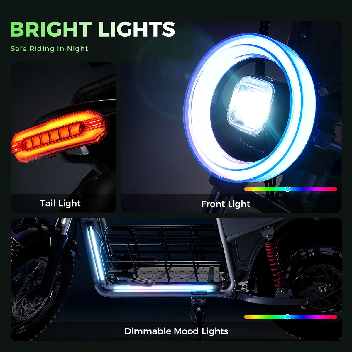 Close-ups of the H7Pro front light, tail light, and dimmable ambient lighting