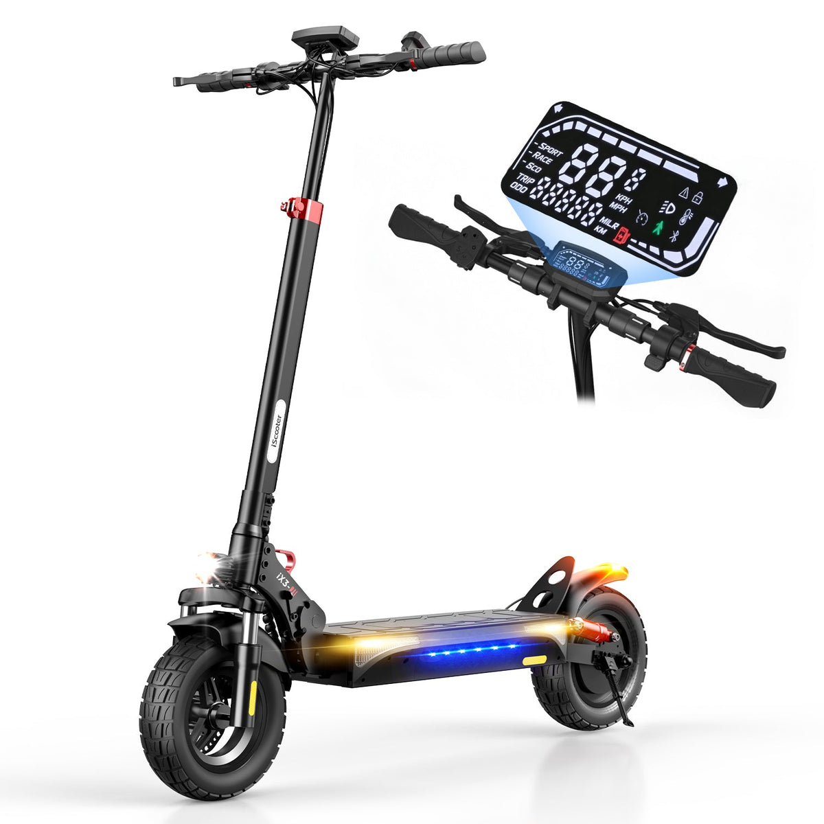 iScooter iX3 800W budget off-road folding electric scooter: 48V peak 800W brushless rear motor, 24 mph, 720Wh battery, 10-inch off-road pneumatic tires, dual disc + E-ABS, dual suspension, turn signal indicator, 52.2 lb folded, IPX4