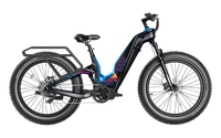 Heybike Hero carbon-fiber full-suspension fat-tire electric mountain bike with two motor configurations (1000W rear hub or 750W mid-drive with torque sensor), step-thru or step-over frame geometry, Shimano 9-speed gearing, hydraulic disc brakes, and UL 2849 certified electrical system