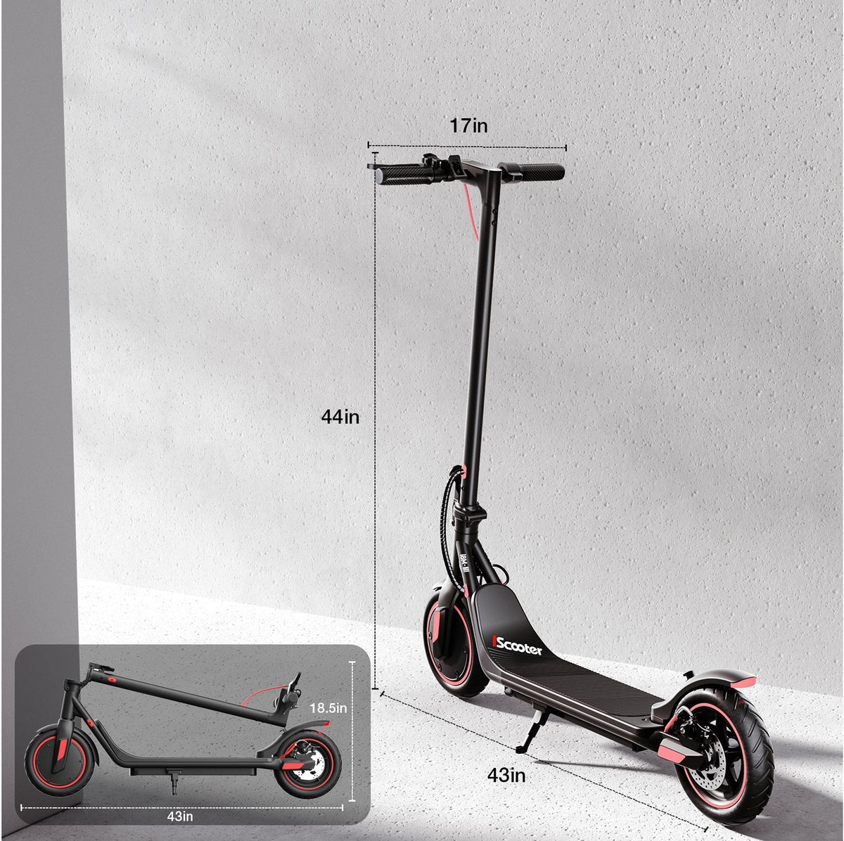 iScooter i8M 350W folding commuter electric scooter with front-wheel drive, 8.5-inch pneumatic tires, rear disc brake plus EBAS electronic anti-lock, three ride modes (6, 12, and 19 mph), folding aluminum frame, 27.7 lb folded weight, LED display, and integrated front and rear LED lighting