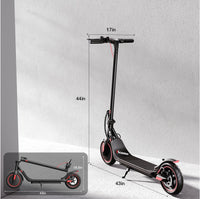 iScooter i8M 350W folding commuter electric scooter with front-wheel drive, 8.5-inch pneumatic tires, rear disc brake plus EBAS electronic anti-lock, three ride modes (6, 12, and 19 mph), folding aluminum frame, 27.7 lb folded weight, LED display, and integrated front and rear LED lighting