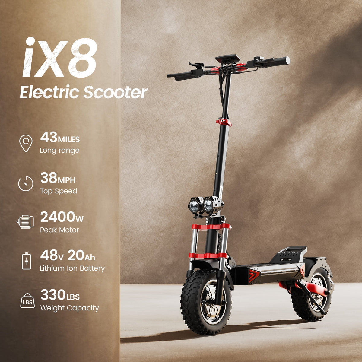 Front three-quarter studio view of the iX8 showing the dual front headlights, the dual front suspension forks, the front hydraulic disc brake, and the 12-inch off-road tire