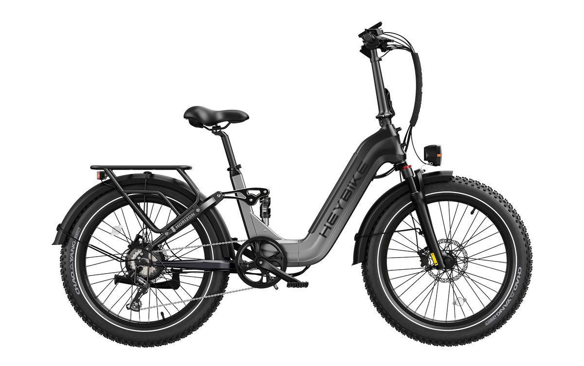 Heybike Horizon 24-inch full-suspension folding fat-tire e-bike: 750W (1400W peak) rear hub motor, 692Wh battery, 24x4 fat tires, hydraulic disc brakes, Shimano 7-speed, aluminum-alloy low-step folding frame, UL 2849 certified, four color options