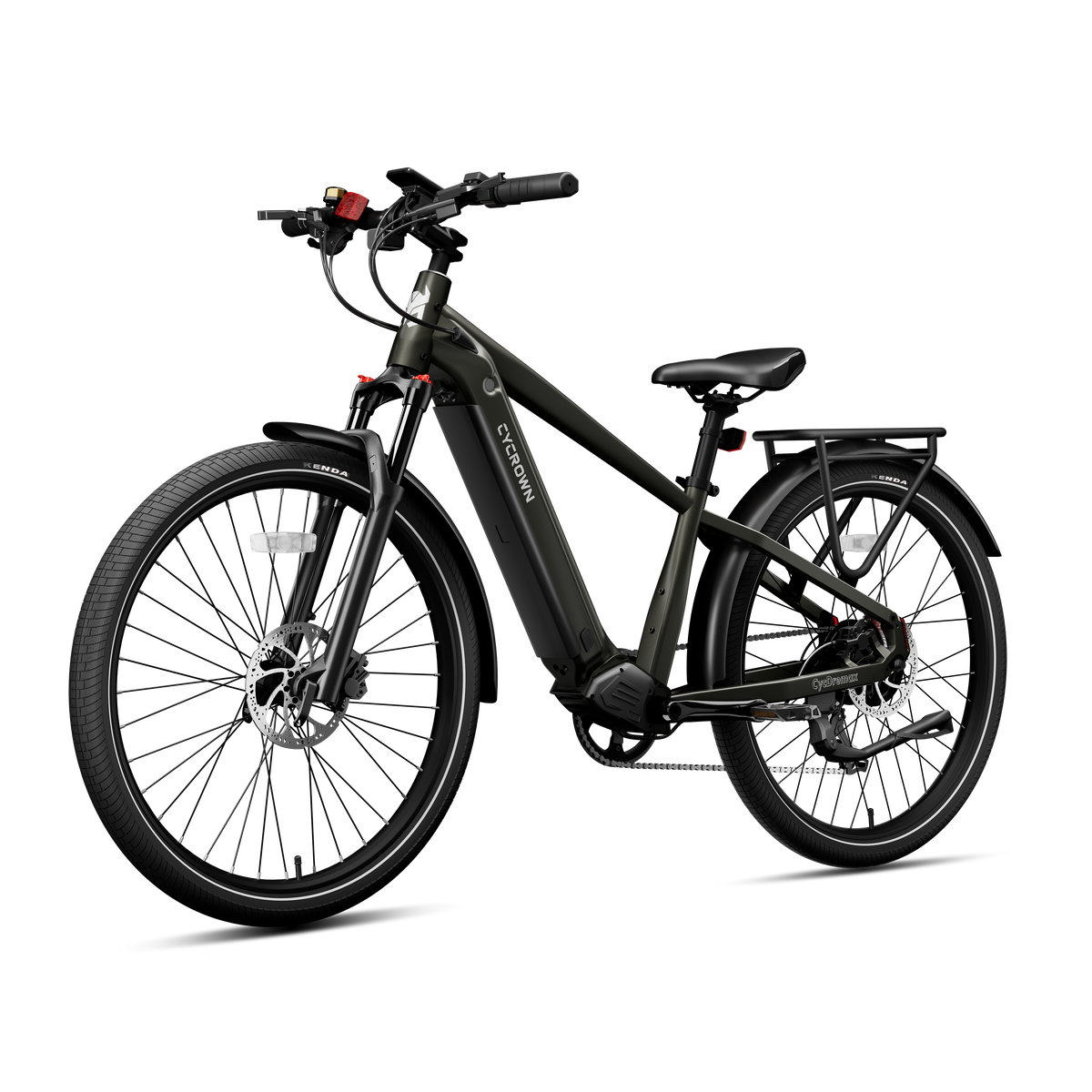 Front three-quarter studio view of the graphite black Dremax step-over commuter e-bike.