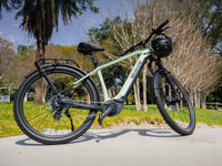 Macaron Green Velowave Swift M parked outdoors with helmet on handlebar