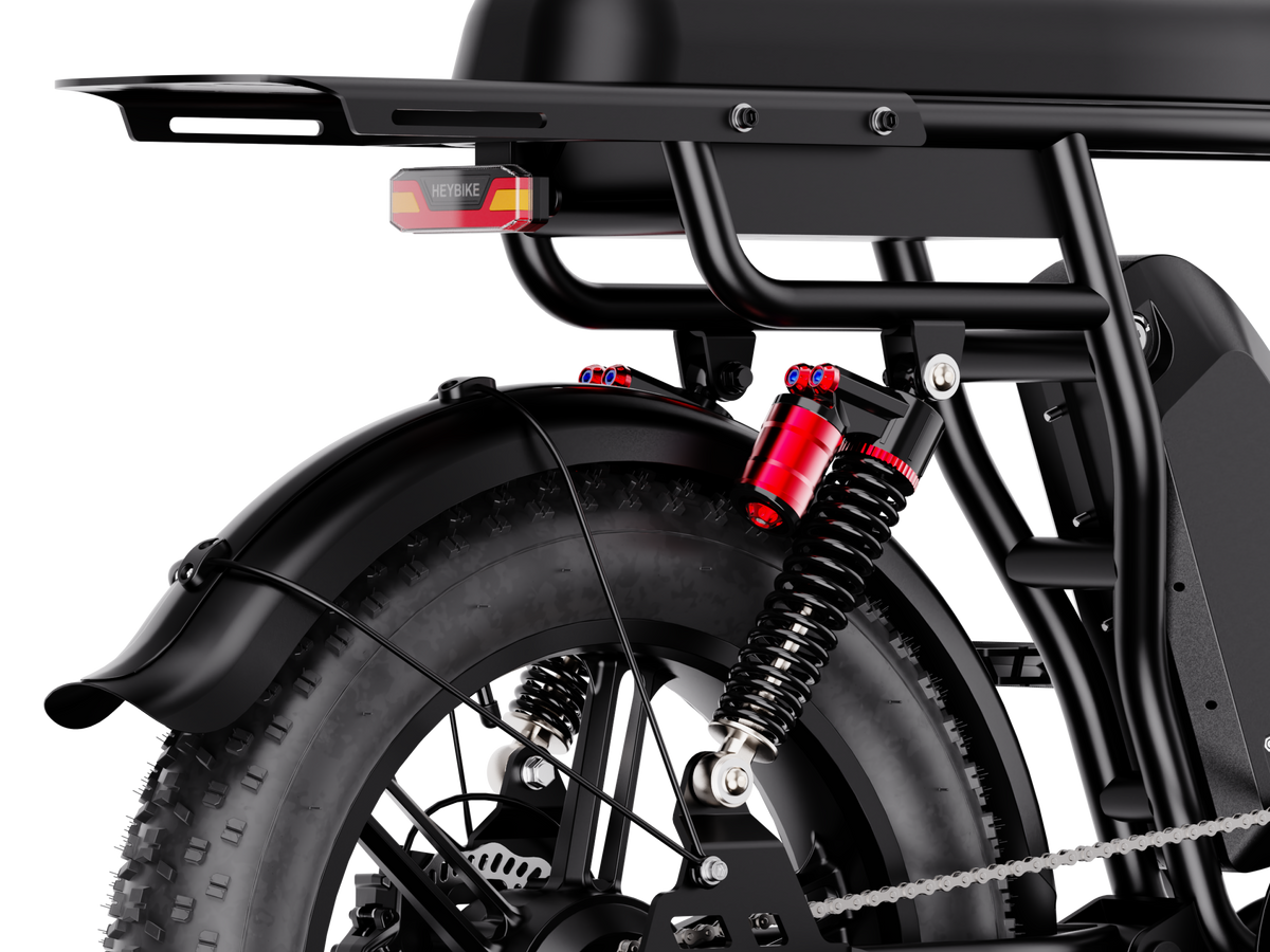 Heybike Saturn moped-style commuter e-bike: 52V 1000W continuous / 1800W peak hub motor, 95 Nm torque, single or dual-battery configuration, hydraulic disc brakes, full suspension with 140 mm front travel, turn signals, TFT color display, UL 2849 certified