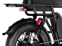 Heybike Saturn moped-style commuter e-bike: 52V 1000W continuous / 1800W peak hub motor, 95 Nm torque, single or dual-battery configuration, hydraulic disc brakes, full suspension with 140 mm front travel, turn signals, TFT color display, UL 2849 certified
