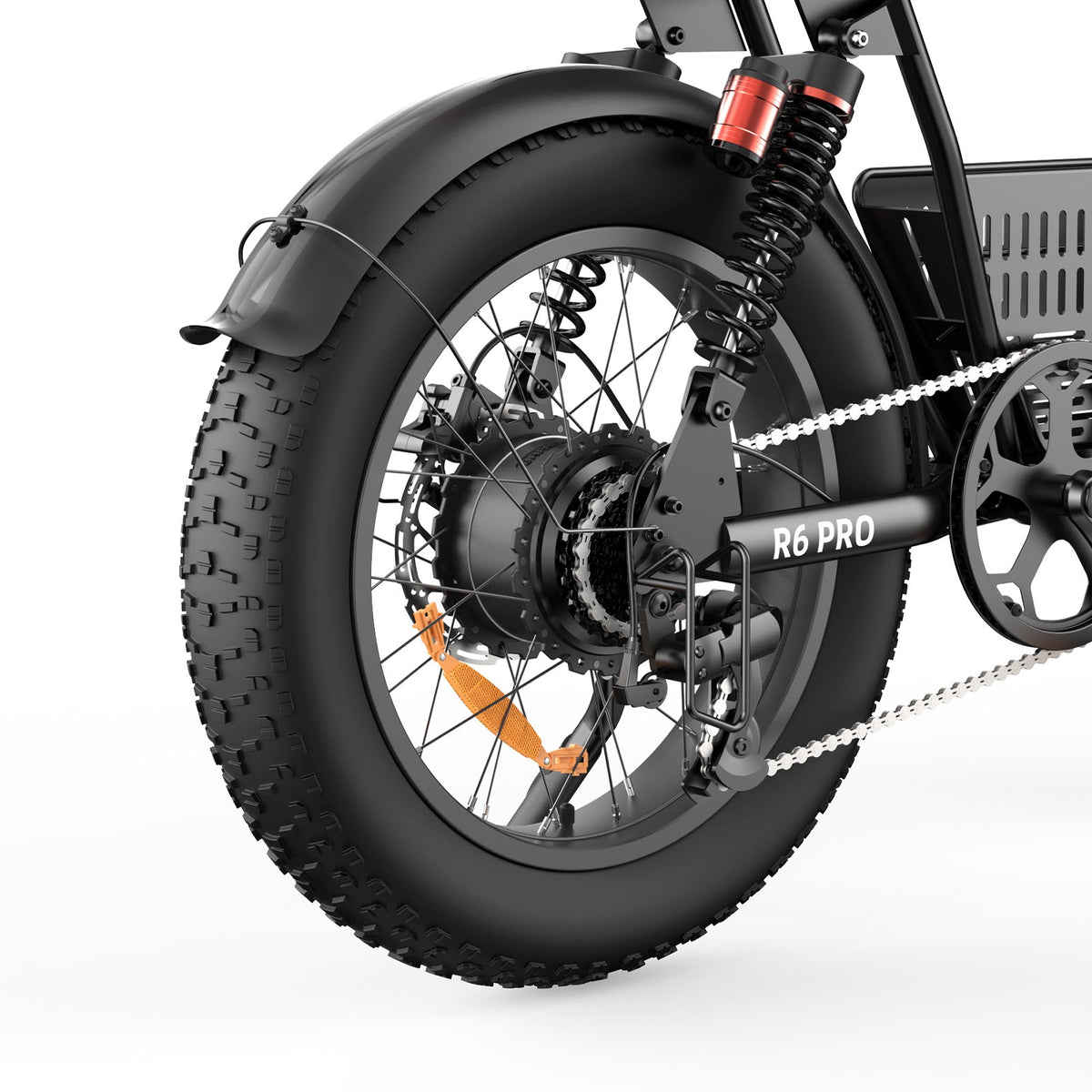 Side view of the isinwheel R6 Pro showing the seat post junction, the rear shock mount, and the moped-shaped tank cover with R6 Pro branding
