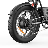 Side view of the isinwheel R6 Pro showing the seat post junction, the rear shock mount, and the moped-shaped tank cover with R6 Pro branding
