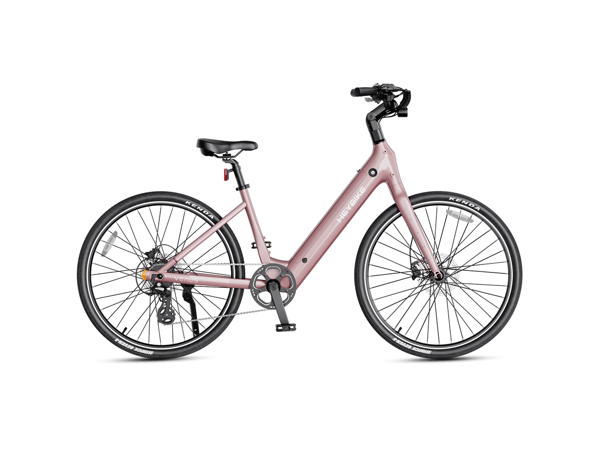 Heybike Venus lightweight step-thru cruiser electric bike: 750W Galaxy hub motor (1400W peak), 70 Nm torque, 28 mph Class 2/3 switchable, 27.5x2.2 Kenda road tires, aluminum-alloy low-step frame, Shimano Altus 8-speed, hydraulic discs, UL 2849 + UL 2271