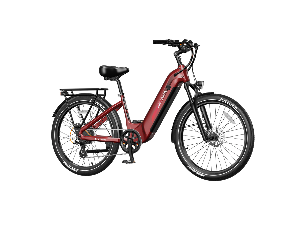 Heybike Hybrid Class 2/3 electric commuter bike with 750W rated rear-hub motor, 27.5 by 2.4 inch KENDA tires, Tektro hydraulic disc brakes, Shimano Altus 8-speed gearing, 6061 aluminum frame, hydraulic front fork, integrated turn-signal lighting, and an 864Wh battery on a UL 2849 certified electrical system