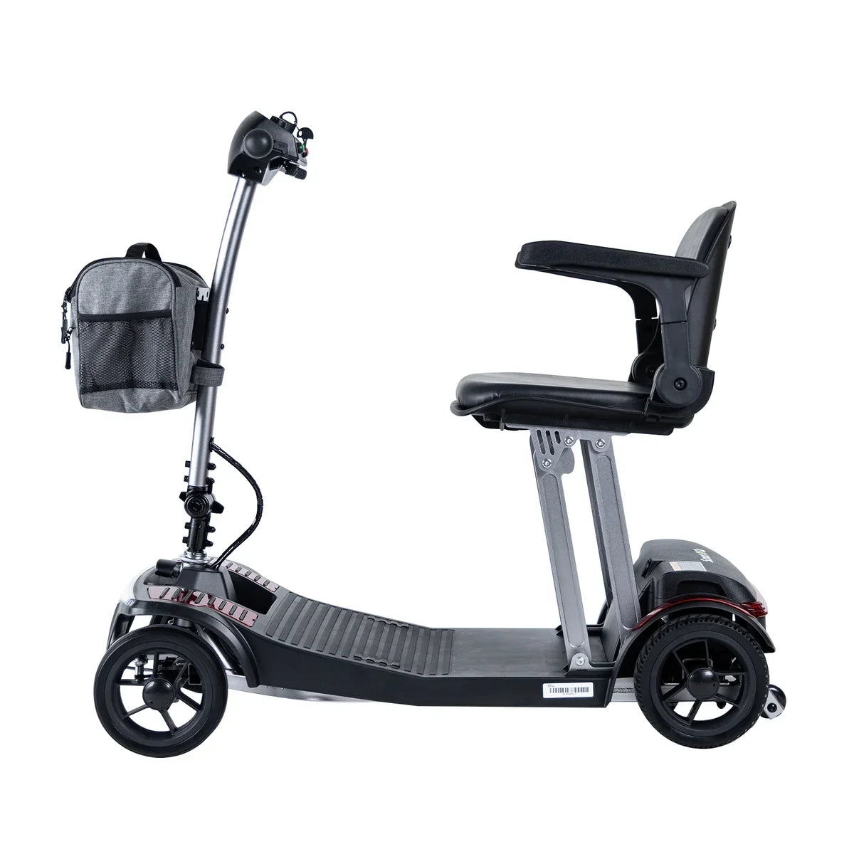 ScootNGo Folo right-side profile showing seat, folding frame and gray storage bag