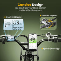 isinwheel U7 cockpit feature graphic with the smart LCD display, the Shimano 7-speed shifter, the electronic bell, and the isinwheel Club app on a phone mount