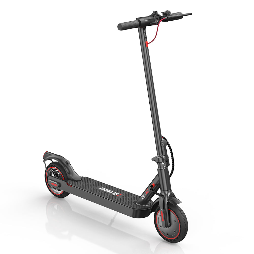 Rear three-quarter studio view of the iScooter i9 showing rear fender, taillight area, deck grip, and folding stem.