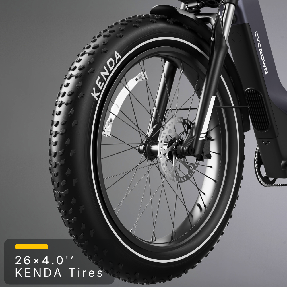26 by 4 inch Kenda fat tire and front suspension fork on the Nomad Pro.