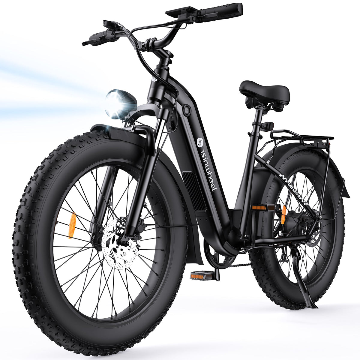 Black isinwheel U8 Ultra front three-quarter studio view with headlight, rear rack, step-thru frame, and wide fat tires.