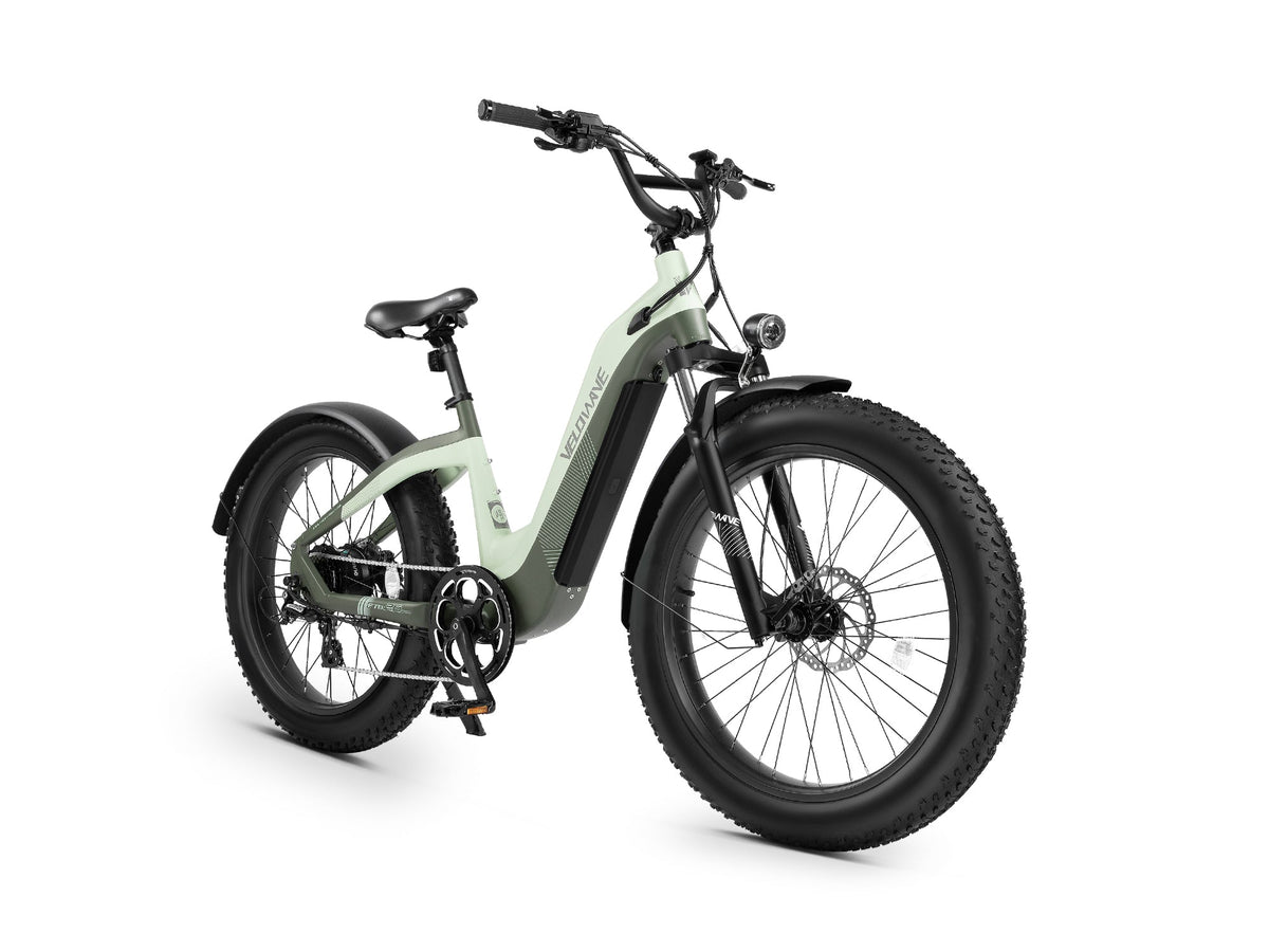 Mint Green Velowave Grace 2.0 Step-Thru electric bike studio three-quarter view