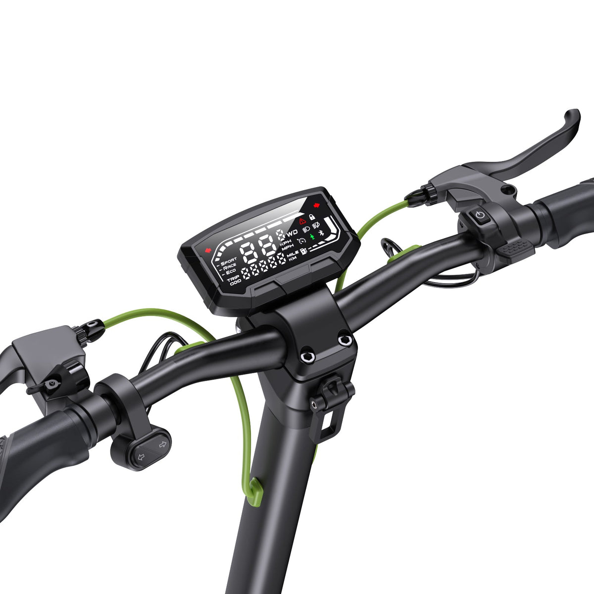 S10Max cockpit showing the central display, brake levers, throttle, and green control cables
