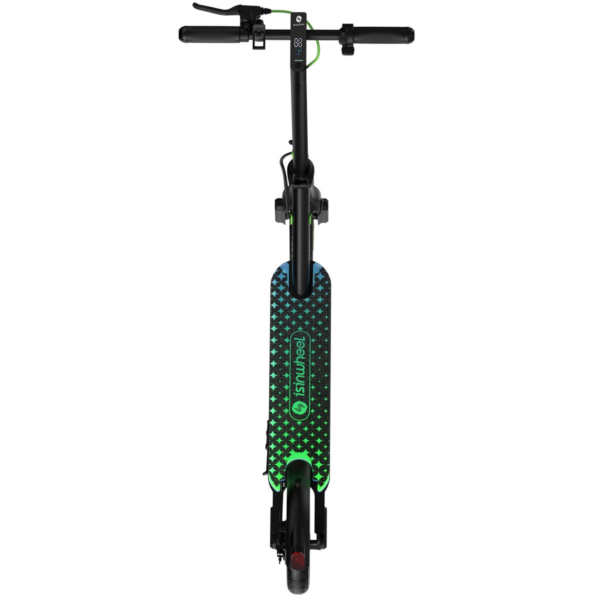 Top-down view of the isinwheel S9 Pro deck showing the patterned grip surface, the foot brake area near the rear wheel, and the handlebar at the front