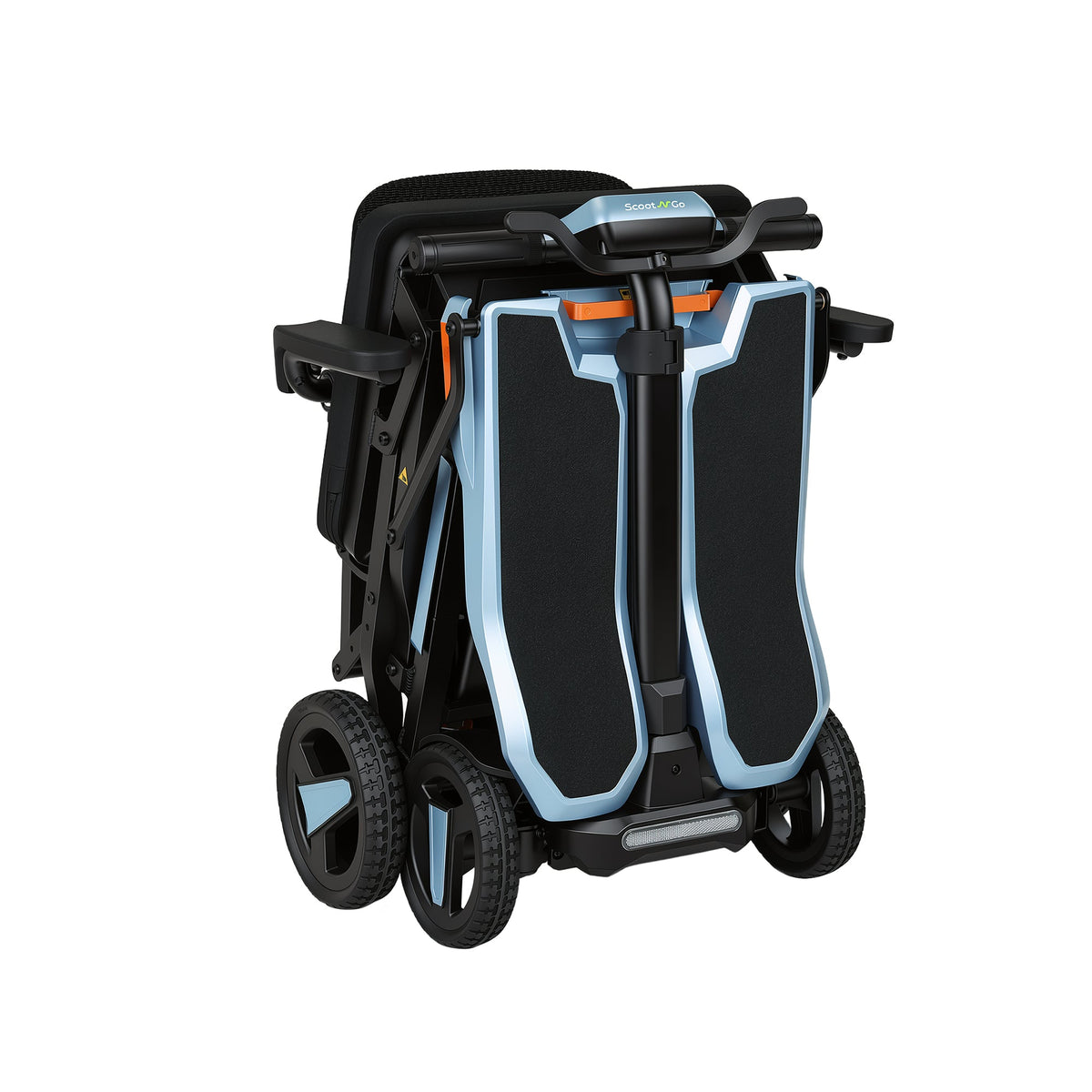 Folded Sky Blue ScootNGo Voyager standing upright with seat and wheels visible
