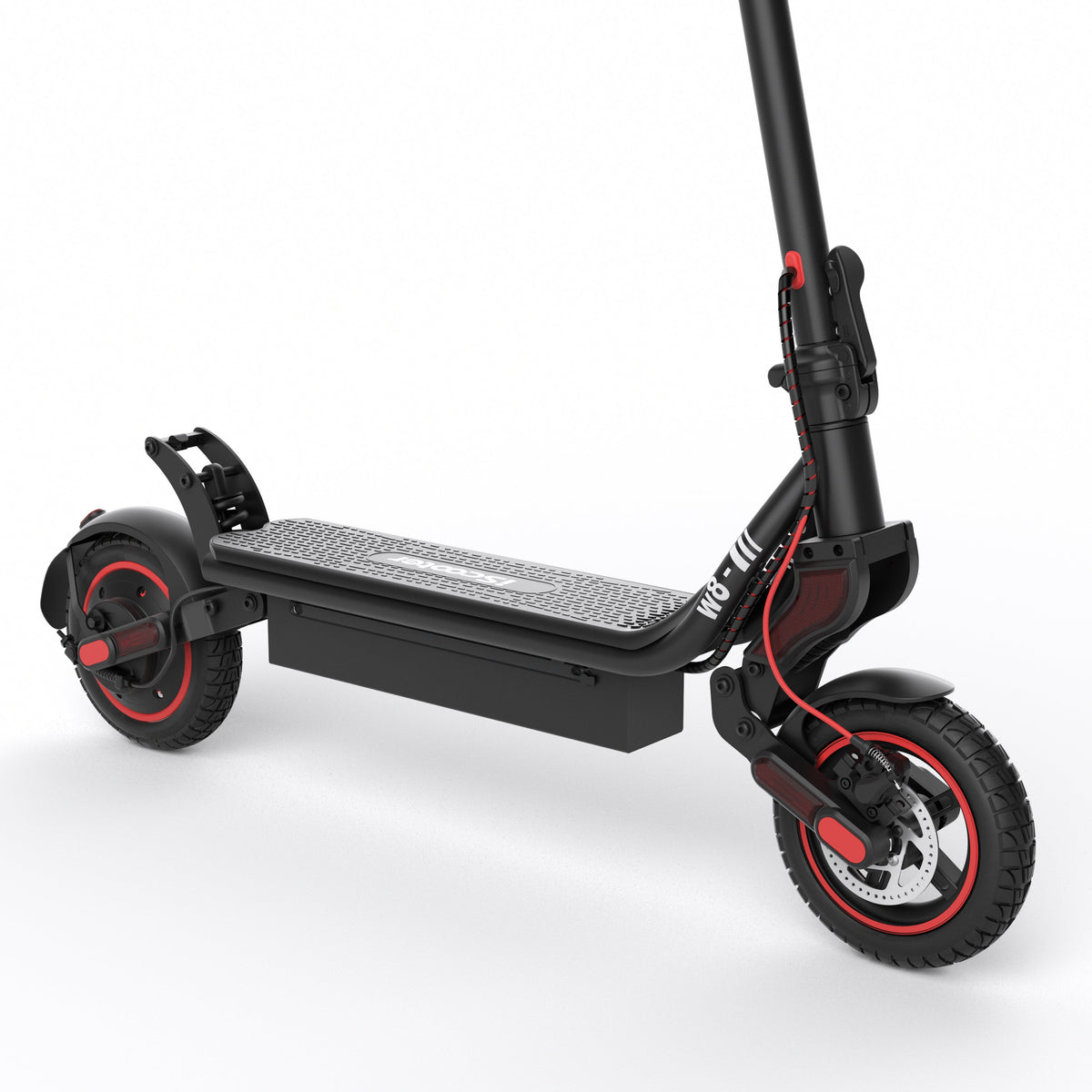 Low angle studio view of the iScooter W8 deck, front suspension area, textured standing platform, and rear wheel.