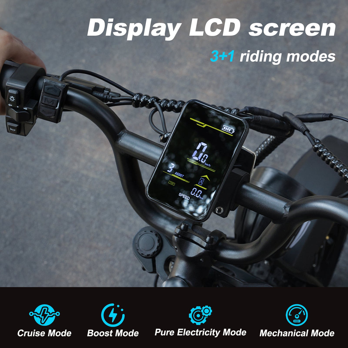 AVDL A13 LCD display and handlebar controls with riding-mode graphic