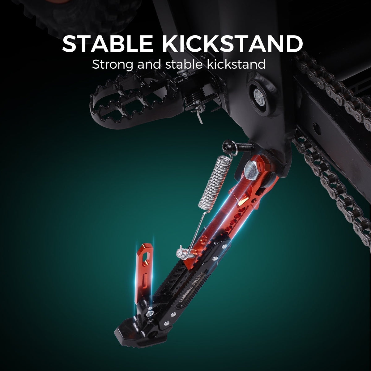 Freeboy Y01 deployed kickstand beside the chain and rear wheel
