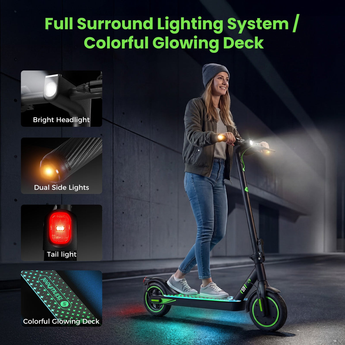 isinwheel S9 Pro full surround lighting feature graphic with bright headlight, dual side lights, taillight, and a colorful glowing deck, beside a rider standing on the lit scooter at night