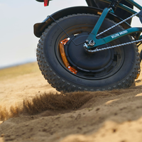 Rear fat tire throwing dust on the alpine green Run Mini
