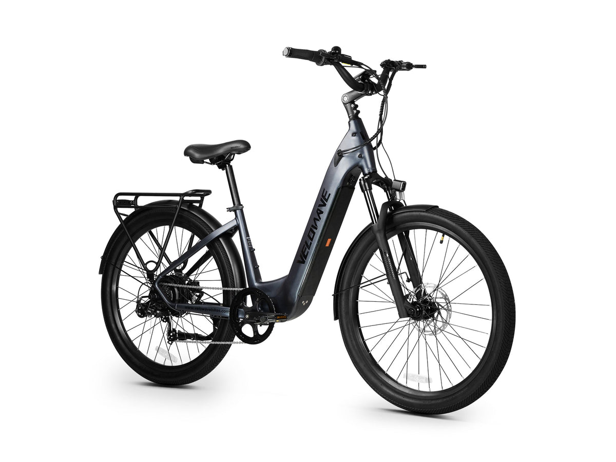 Blue Gray Velowave Breeze T three-quarter view with step-through frame and front disc brake