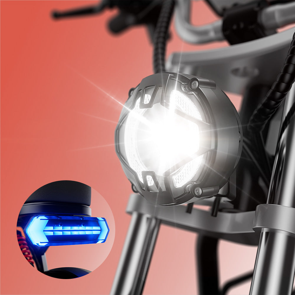 iScooter DX5Pro headlight and blue side light close-up for night visibility and turn-signal awareness.