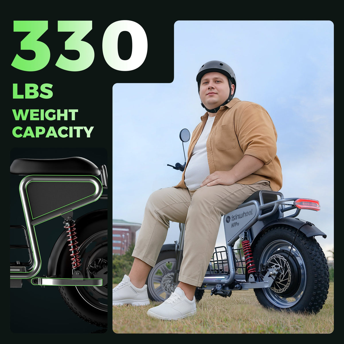 Adult rider seated on the H7Pro beside the published 330 lb maximum load graphic