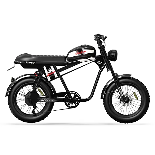 Black QIOLOR Tiger Plus electric bike side profile with long bench seat and 20 x 4.0 tires