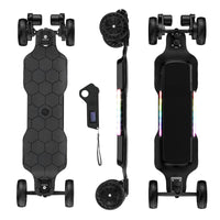 Multi-angle hero of the isinwheel V10 off-road electric skateboard showing the hex-grip top deck, side profile with RGB ambient light strips, bottom view with the battery and motor enclosure, and the 2.4 GHz OLED hand remote