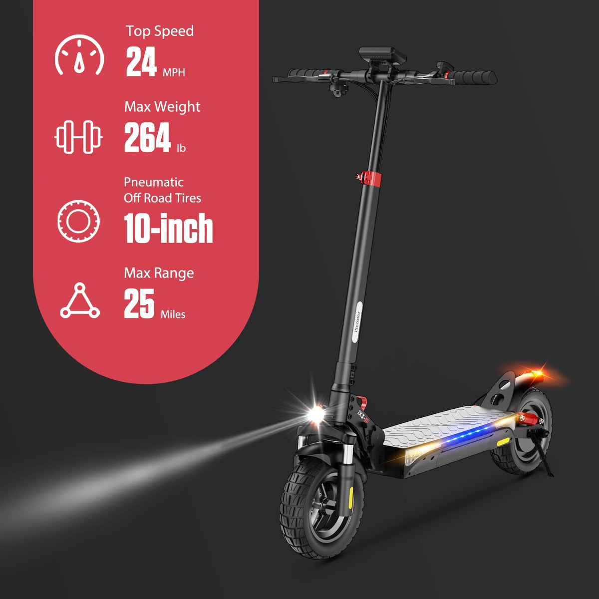 iScooter iX3 800W budget off-road folding electric scooter: 48V peak 800W brushless rear motor, 24 mph, 720Wh battery, 10-inch off-road pneumatic tires, dual disc + E-ABS, dual suspension, turn signal indicator, 52.2 lb folded, IPX4